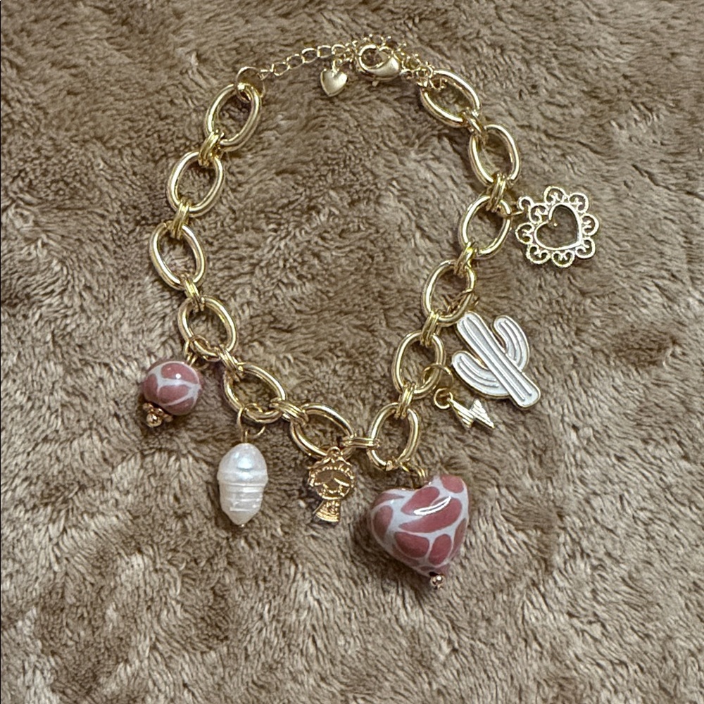 Gold Charm Bracelet with Pink Accents